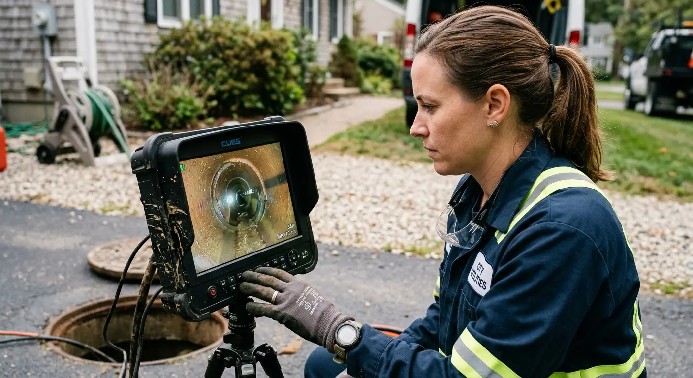 Technician reviewing sewer camera inspection footage in Northfield