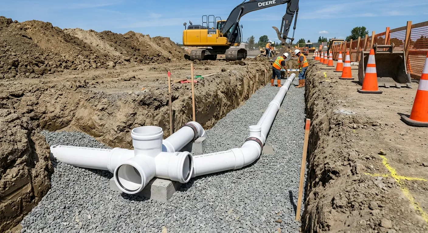 New PVC sewer pipe installation in open trench for Commercial Drain Cleaning in Northfield