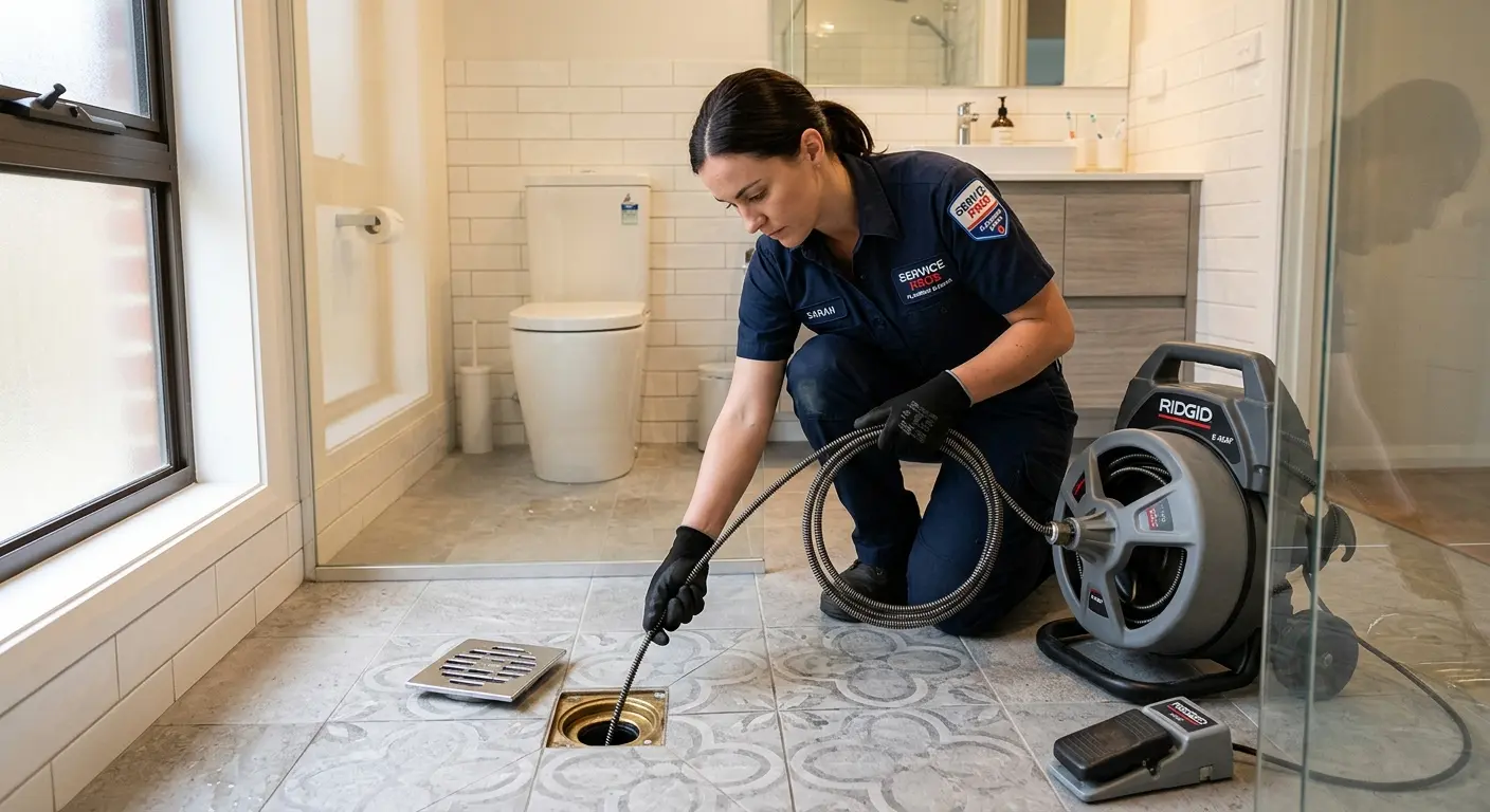 Technician clearing a bathroom floor drain for Clogged Drain Repair in Northfield